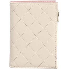Slim Bi-fold Checkered Quilted Leather Wallet | Classic Minimalist Style w. ID Window/Card Slot/Bill Holder/Zip Coin Pocket for Women (Cream Quilted)