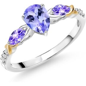 Gem Stone King 925 Silver 10K Yellow Gold Pear Shape Blue Tanzanite and White Lab Grown Diamond Engagement Ring For Women 1.01 Cttw, Gemstone December Birthstone