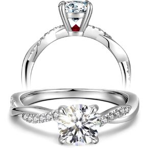 Solid Gold Moissanite Engagement Rings for Women, 14K Solid White Gold D Color VVS1 Clarity Moissanite Hidden Ruby Twisted Band Engagement Rings for Women Wedding Promise Rings Jewelry Gifts