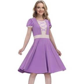 Women Princess Long Hair Dress Costume Purple Twirl Skirt Gown Outfit Halloween Party Movie Cosplay Fancy Dress Up