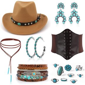 EIELO 17Pcs Western Cowgirl Costume Set Outfits for Women Cowboy Hat Corset Belt Turquoise Jewelry Kit for Halloween