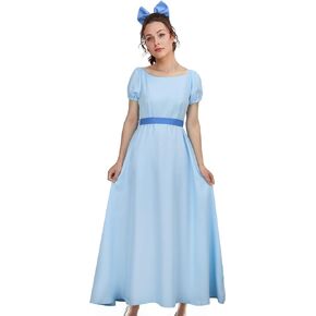 Adult Women Wendy Blue Costume Cosplay Dress Girls Darling Princess Maxi Dress with Blue Bowtie Belt Halloween Suit