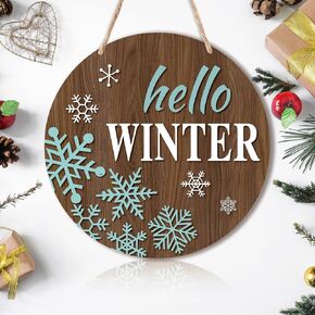 Hello Winter Door Sign(12x12 Inch), Christmas Round Sign, Christmas Door Hanger, Snow Sign, Christmas Wood Hanger Sign, Merry Christmas Door Decorations,Winter Christmas Wreath -CHRWS04