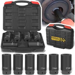 6 Pack 1/2’’ Drive Crank Bolt Socket Set, 17MM, 19MM, 21MM, 22MM, 24MM, 27MM, Harmonic Balancer Socket Set, Weighted Metric Deep Impack Socket Set, 3 Times Momentum Power of Standard Impact Sockets