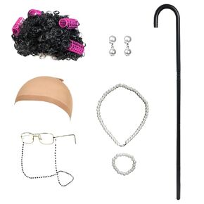 Old Lady Wig Costume 100th Day of School Costume Grandma Granny Costume Wig for Halloween Cosplay (Dark gray, Curly)