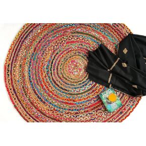 GRUHUM Cotton Area Rug 5ft-Natural Fiber Round Multicolour Handmade Boho Charm Farmhouse Soft Braided Rustic Vintage for Living Room Bedroom Indoor EcoFriendly Kitchen Enterways Hallways(5'ft Round)