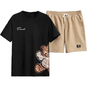 Floerns Men's 2 Piece Outfit Cartoon Print Tee Shirt Drawstring Waist Shorts Set