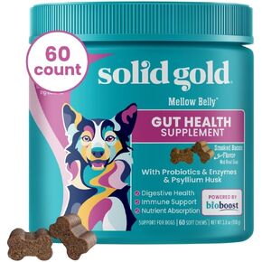 Solid Gold Dog Probiotic Chews - Bacon Flavor Soft Chews for Dog Digestive Support - Mellow Belly Probiotic for Dogs with Fiber & Digestive Enzymes for Bowel Support & Gut Health - 120 Count
