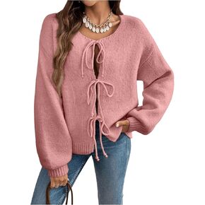 WDIRARA Women's Tie Front Crewneck Knit Cardigan Long Sleeve Drop Shoulder Sweater