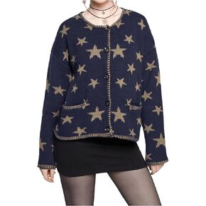 Women's Star Pattern Cardigan Round Neck Button Down Long Sleeve Cardigan Coat Casual Sweater Top with Pocket