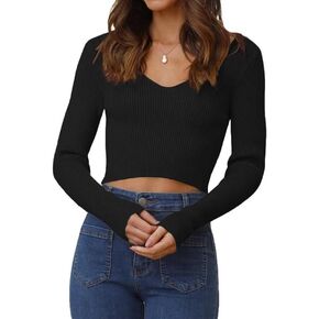 Ezbelle Women's V Neck Sweater Long Sleeve Crop Tops Sexy Ribbed Knit Pullover Shirt Trendy Blouse 2024 Fall