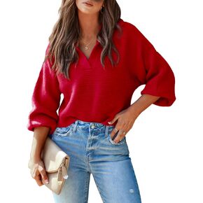 Mutitop Womens V Neck Oversized Sweater Collared Batwing Long Sleeve Ribbed Knit Pullover Casual Fall Chunky Sweater Top