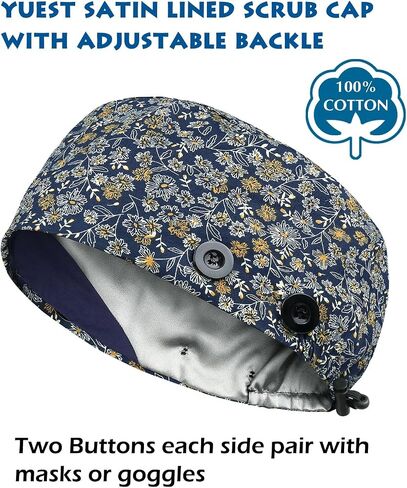 Adjustable Scrub Caps for Women Men - 4 Mask Attachment Buttons & Satin Lined Scrub Caps in Kuwait