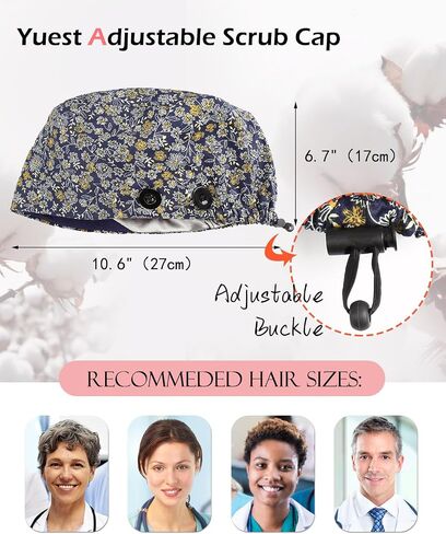 Adjustable Scrub Caps for Women Men - 4 Mask Attachment Buttons & Satin Lined Scrub Caps in Kuwait