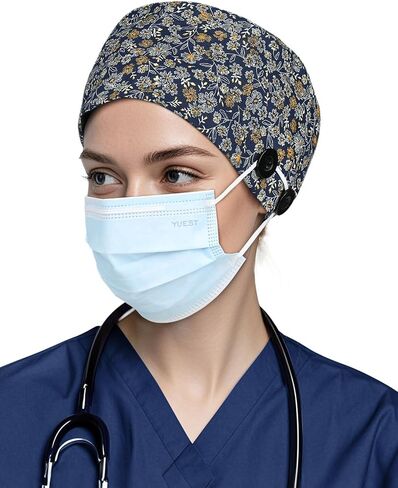 Adjustable Scrub Caps for Women Men - 4 Mask Attachment Buttons & Satin Lined Scrub Caps in Kuwait