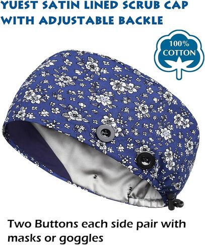 Adjustable Scrub Caps for Women Men - 4 Mask Attachment Buttons & Satin Lined Scrub Caps in Kuwait