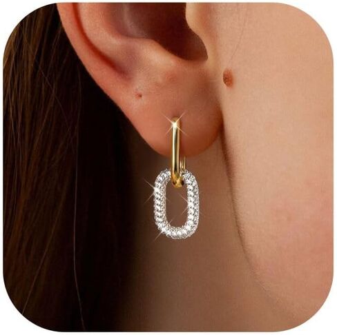 FIBO STEEL 18K Gold Plated Hoop Earrings for Women - 925 Sterling Silver Drop Dangle Paperclip Huggie Hoop Earrings - Hypoallergenic CZ Two Toned Convertible Chain Link Dangle Earrings Jewelry in Kuwait