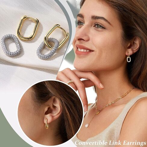 FIBO STEEL 18K Gold Plated Hoop Earrings for Women - 925 Sterling Silver Drop Dangle Paperclip Huggie Hoop Earrings - Hypoallergenic CZ Two Toned Convertible Chain Link Dangle Earrings Jewelry in Kuwait