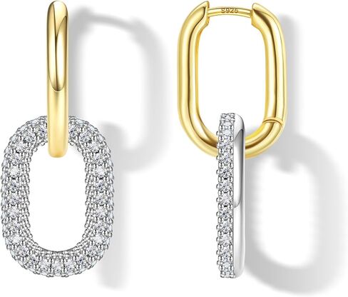 FIBO STEEL 18K Gold Plated Hoop Earrings for Women - 925 Sterling Silver Drop Dangle Paperclip Huggie Hoop Earrings - Hypoallergenic CZ Two Toned Convertible Chain Link Dangle Earrings Jewelry in Kuwait