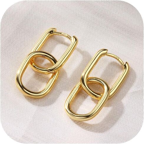 FIBO STEEL 18K Gold Plated Hoop Earrings for Women - 925 Sterling Silver Drop Dangle Paperclip Huggie Hoop Earrings - Hypoallergenic CZ Two Toned Convertible Chain Link Dangle Earrings Jewelry in Kuwait