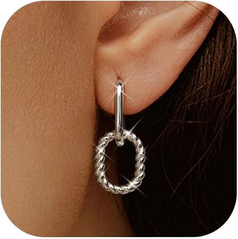 FIBO STEEL 18K Gold Plated Hoop Earrings for Women - 925 Sterling Silver Drop Dangle Paperclip Huggie Hoop Earrings - Hypoallergenic CZ Two Toned Convertible Chain Link Dangle Earrings Jewelry in Kuwait