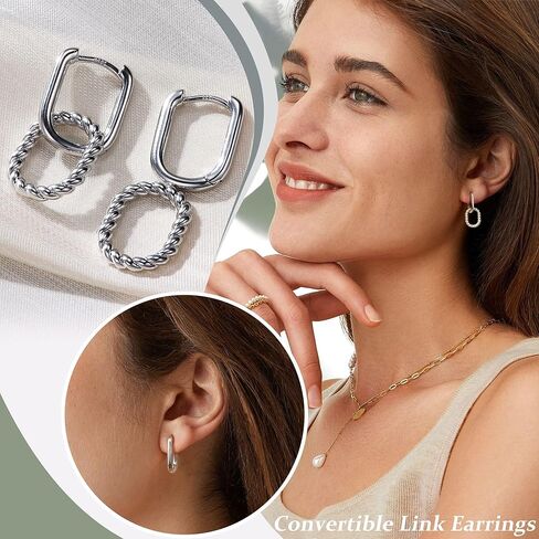 FIBO STEEL 18K Gold Plated Hoop Earrings for Women - 925 Sterling Silver Drop Dangle Paperclip Huggie Hoop Earrings - Hypoallergenic CZ Two Toned Convertible Chain Link Dangle Earrings Jewelry in Kuwait