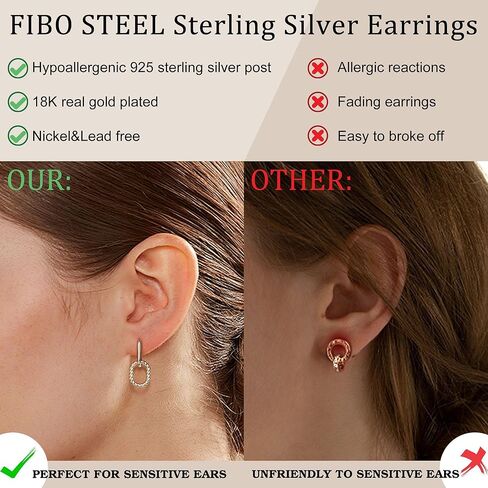 FIBO STEEL 18K Gold Plated Hoop Earrings for Women - 925 Sterling Silver Drop Dangle Paperclip Huggie Hoop Earrings - Hypoallergenic CZ Two Toned Convertible Chain Link Dangle Earrings Jewelry in Kuwait