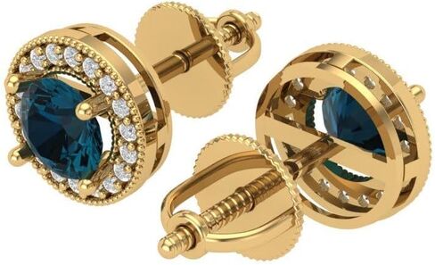 1.18Ct Round Cut Halo Studs - Natural London Blue Topaz - 14k Rose Gold - Desginer Affordable Earrings Screw back in Saudi Arabia