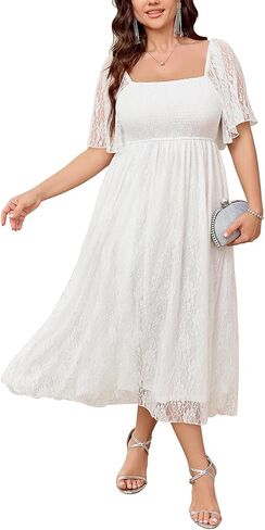 SCOMCHIC Women's Plus Size Wedding Guest Dress Formal Lace Square Neck Short Sleeve Smocked Flowy Cocktail Maxi Dresses in Kuwait