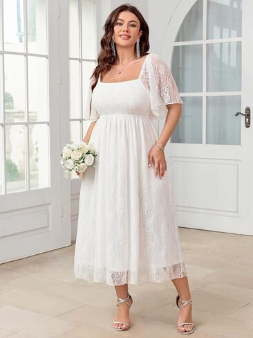 SCOMCHIC Women's Plus Size Wedding Guest Dress Formal Lace Square Neck Short Sleeve Smocked Flowy Cocktail Maxi Dresses in Kuwait