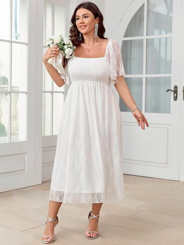 SCOMCHIC Women's Plus Size Wedding Guest Dress Formal Lace Square Neck Short Sleeve Smocked Flowy Cocktail Maxi Dresses in Kuwait