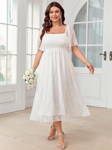 SCOMCHIC Women's Plus Size Wedding Guest Dress Formal Lace Square Neck Short Sleeve Smocked Flowy Cocktail Maxi Dresses in Kuwait
