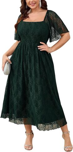 SCOMCHIC Women's Plus Size Wedding Guest Dress Formal Lace Square Neck Short Sleeve Smocked Flowy Cocktail Maxi Dresses in Kuwait