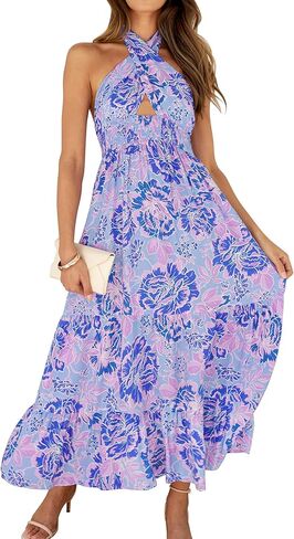 ZESICA Women's Summer Crossover Halter Neck Sleeveless Plaid Cut Out Backless Flowy A Line Maxi Dress in Saudi Arabia