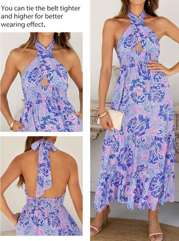 ZESICA Women's Summer Crossover Halter Neck Sleeveless Plaid Cut Out Backless Flowy A Line Maxi Dress in Saudi Arabia