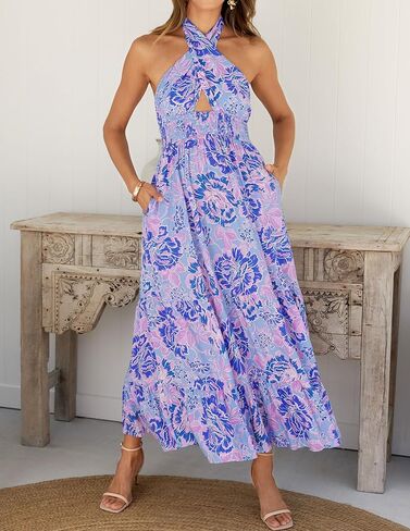 ZESICA Women's Summer Crossover Halter Neck Sleeveless Plaid Cut Out Backless Flowy A Line Maxi Dress in Saudi Arabia