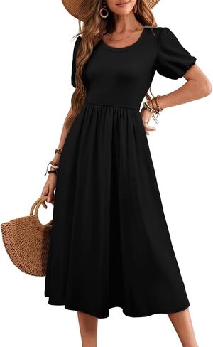 AlvaQ Women Dress Summer Crewneck Puff Sleeve Midi Dresses High Waist Ruffle A Line Flowy Beach Sundress with Pocket in Saudi Arabia