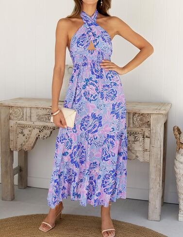 ZESICA Women's Summer Crossover Halter Neck Sleeveless Plaid Cut Out Backless Flowy A Line Maxi Dress in Saudi Arabia