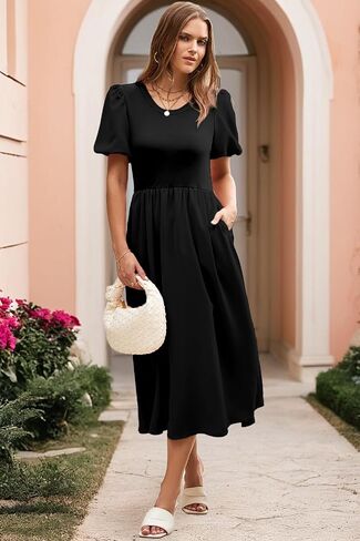AlvaQ Women Dress Summer Crewneck Puff Sleeve Midi Dresses High Waist Ruffle A Line Flowy Beach Sundress with Pocket in Saudi Arabia