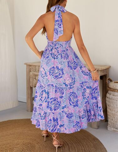 ZESICA Women's Summer Crossover Halter Neck Sleeveless Plaid Cut Out Backless Flowy A Line Maxi Dress in Saudi Arabia