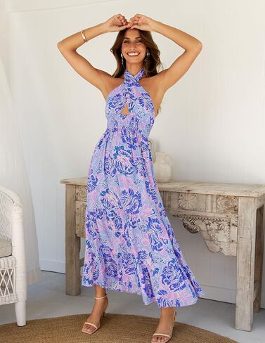 ZESICA Women's Summer Crossover Halter Neck Sleeveless Plaid Cut Out Backless Flowy A Line Maxi Dress in Saudi Arabia