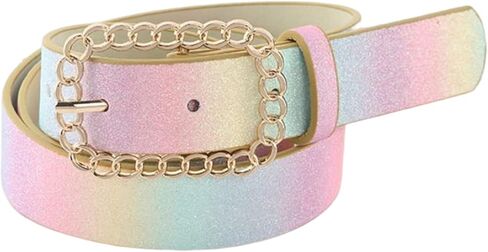 Girls Glitter Rainbow Belt PU Leather Waist Belt Adjustable Casual Jeans Belt with Metal Buckle for Women in Saudi Arabia