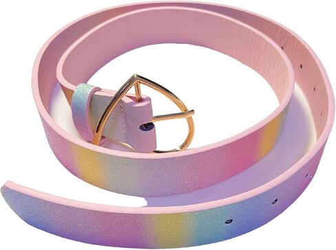 Girls Glitter Rainbow Belt PU Leather Waist Belt Adjustable Casual Jeans Belt with Metal Buckle for Women in Saudi Arabia