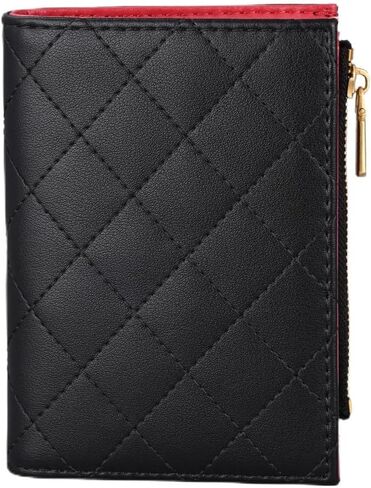 Slim Bi-fold Checkered Quilted Leather Wallet | Classic Minimalist Style w. ID Window/Card Slot/Bill Holder/Zip Coin Pocket for Women (Cream Quilted) in Saudi Arabia