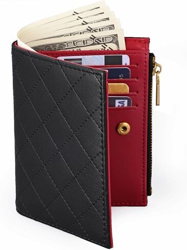 Slim Bi-fold Checkered Quilted Leather Wallet | Classic Minimalist Style w. ID Window/Card Slot/Bill Holder/Zip Coin Pocket for Women (Cream Quilted) in Saudi Arabia