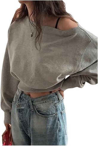 سويت شيرت SweatyRocks نسائي بدون أكتاف قصير وأكمام طويلة ورقبة غير متماثلة in Saudi Arabia