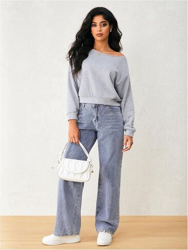 سويت شيرت SweatyRocks نسائي بدون أكتاف قصير وأكمام طويلة ورقبة غير متماثلة in Saudi Arabia