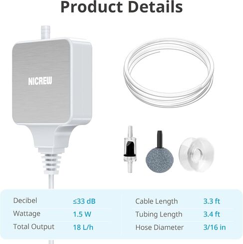 NICREW Nano Silent Aquarium Air Pump, Aquarium Aerator with Accessories for Up to 10 Gallon Fish Tank, Super Quiet, 0.3 L/min, 1.5 Watts in Kuwait
