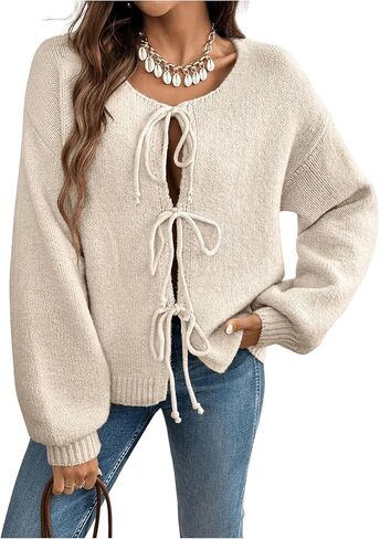 WDIRARA Women's Tie Front Crewneck Knit Cardigan Long Sleeve Drop Shoulder Sweater in Saudi Arabia