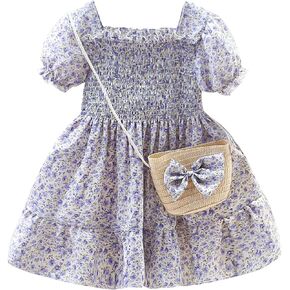 Toddler Girls Floral Dress Square Neck Puff Sleeve A-Line Smocked Dress with Bag Toddler Girls Summer Outfits